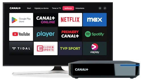Streaming Canal+ Online Telewizor z wyświetlonymi logotypami aplikacji streamingowych, takich jak Netflix i YouTube, poniżej znajduje się czarny dekoder inernetowy Canal+