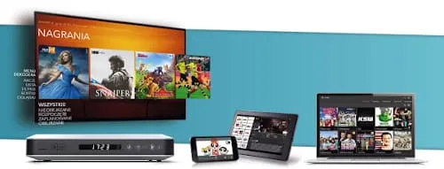 Dekoder Polsatu stojący obok telewizora, tabletu i laptpoa z serwisem Polsat Box GO na ekranie