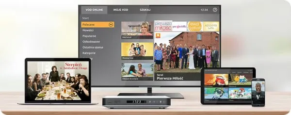 Oferta telewizyjna Polsat Box Telewizor, laptop, tablet i smartfon wyświetlają różne treści multimedialne i strumieniowe z oferty Polsat Box