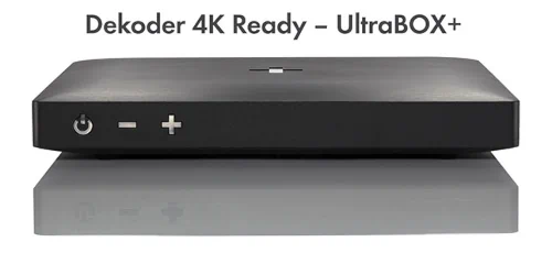Satelitarny dekoder Canal+ 4K Czarny dekoder Canal+ UltraBOX+ 4K ready z logo „+” na górnej ściance oraz przyciskami zasilania i głośności na przednim panelu