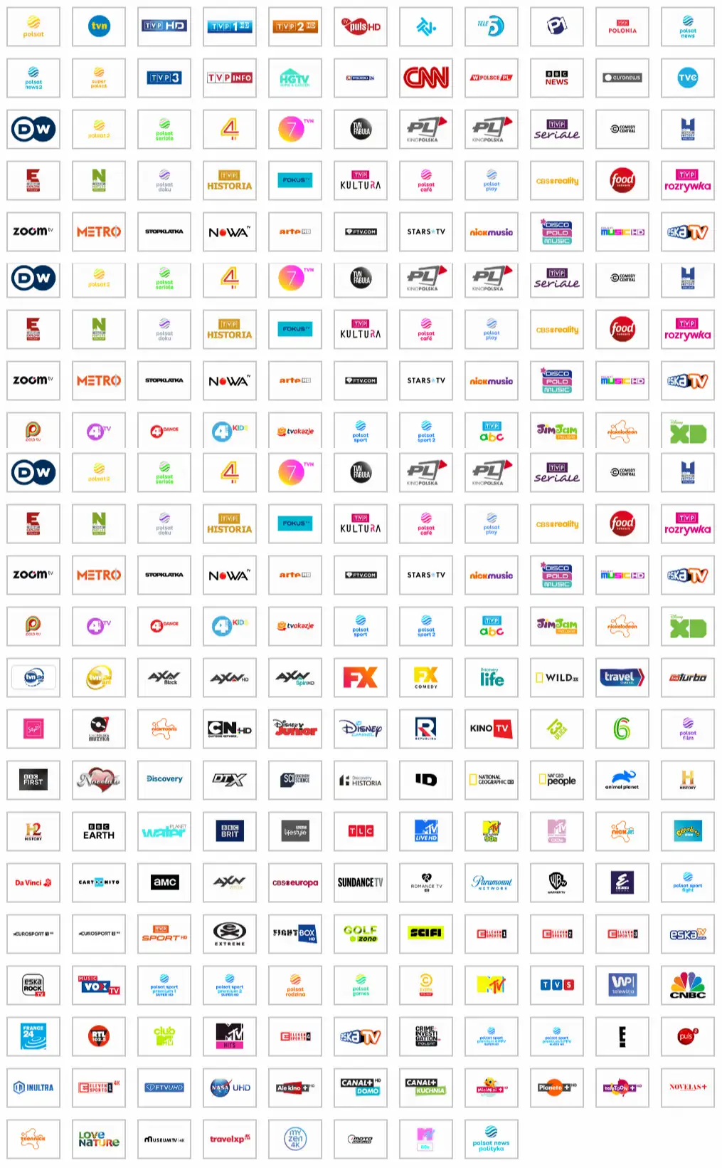 Oferta programowa Polsat Box Siatka logotypów kanałów telewizyjnych dostępnych w ofercie satelitarnej Polsat Box